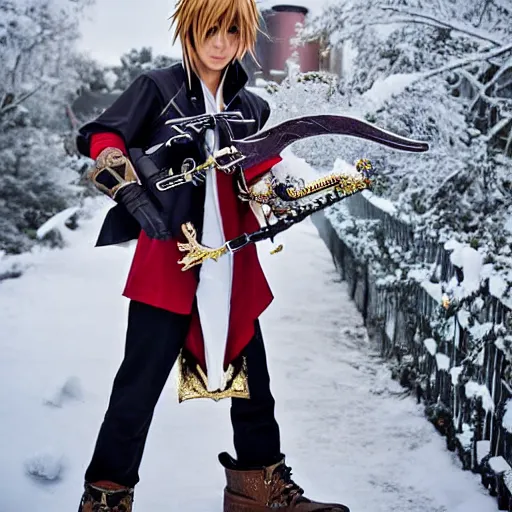 Image similar to of sora cosplay holding keyblade with snow background 35mm