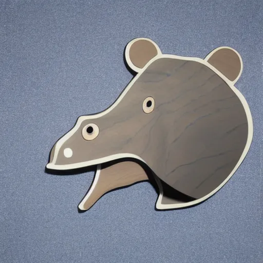 Prompt: a museum - quality stylized wood and epoxy hippopotamus made of polished wood grain with a blue epoxy ceramic head, hd photograph, matte gray background