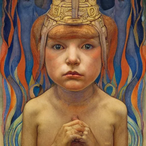Image similar to the little robor queen, by annie swynnerton and diego rivera and lucien freud and jean delville, symbolist, dramatic lighting, elaborate geometric ornament, head and shoulders view, art brut, soft pastel colors, smooth, sharp focus, extremely detailed, adolf wolfli, leo and diane dillon, nicholas roerich
