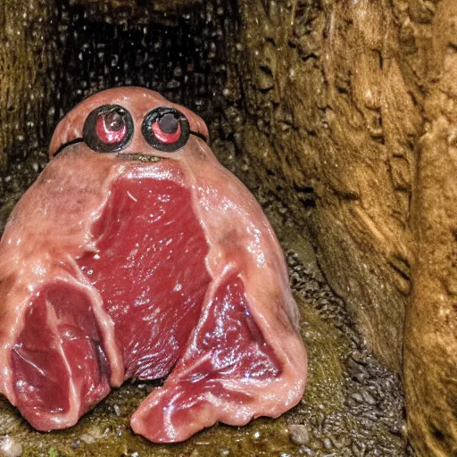 Image similar to glistening wet meaty minion crawling on its knees through a small tunnel, looking up towards the camera, horrifying atmosphere, cave photograph