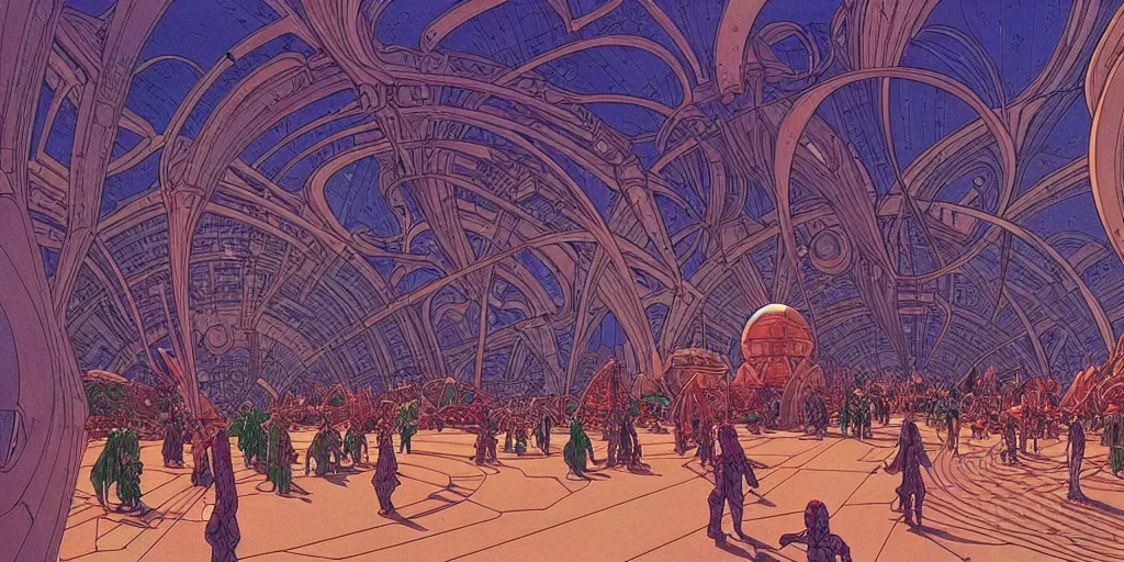 Image similar to cel shaded cinematic shot of the interior of a sci-fi space station with ornate Elven architecture bustling with people, epic castle, emerald, crystalline, detailed illustration, sharp focus, crisp lines, art by Moebius!!!, Jean Giraud Moebius!!! comic illustration