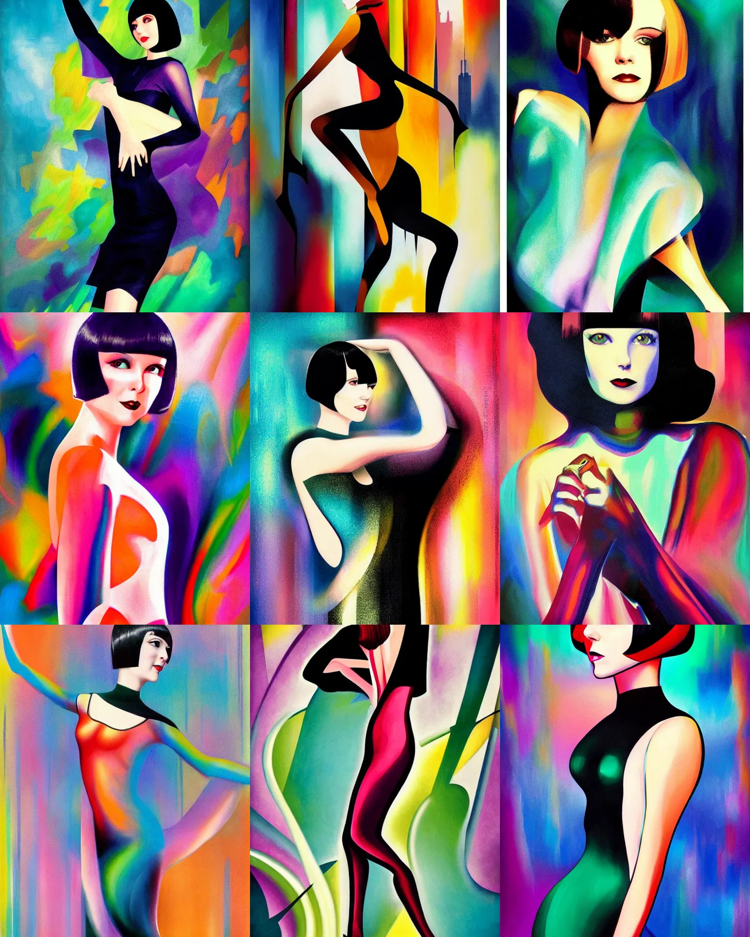 Prompt: full length portrait of 2 0 year old mary louise brooks dancing, shiny bob haircut, dramatic light, retro 2 0 s colours abstract art deco city background, air brush art, high contrast, sharp,, painted by ross tran 1 9 2 0 s