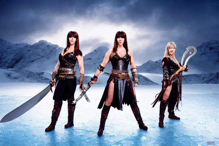 Image similar to xena warrior princes, standing in a frozen landscape holding a sword, tv series, studio lighting