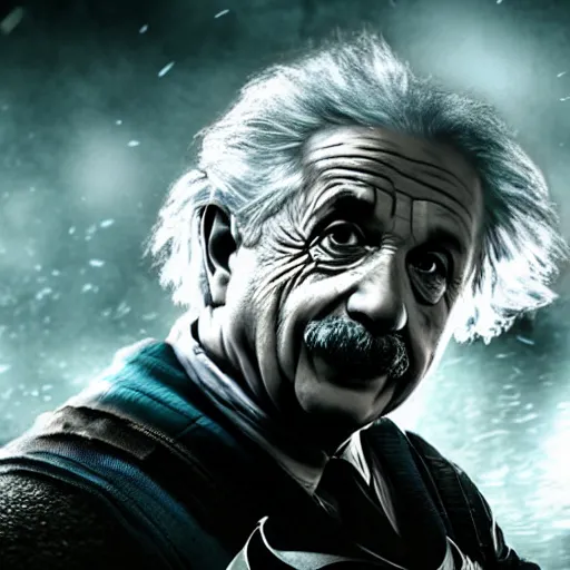 Prompt: 'Albert Einstein'! as Batman in Gears of War, splash art, movie still, detailed face, cinematic lighting, dramatic, octane render, long lens, shallow depth of field, bokeh, anamorphic lens flare, 8k, hyper detailed, 35mm film grain