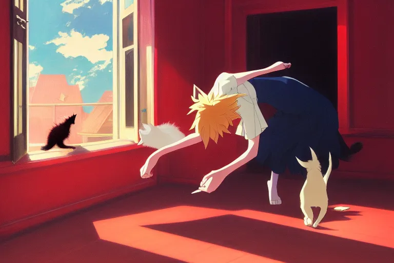 Image similar to anime key visual of anime cat girl losing all of her money on the stock market, panic red, style of jamie wyeth james gilleard edward hopper greg rutkowski acrylic painting, preserved museum piece, historical