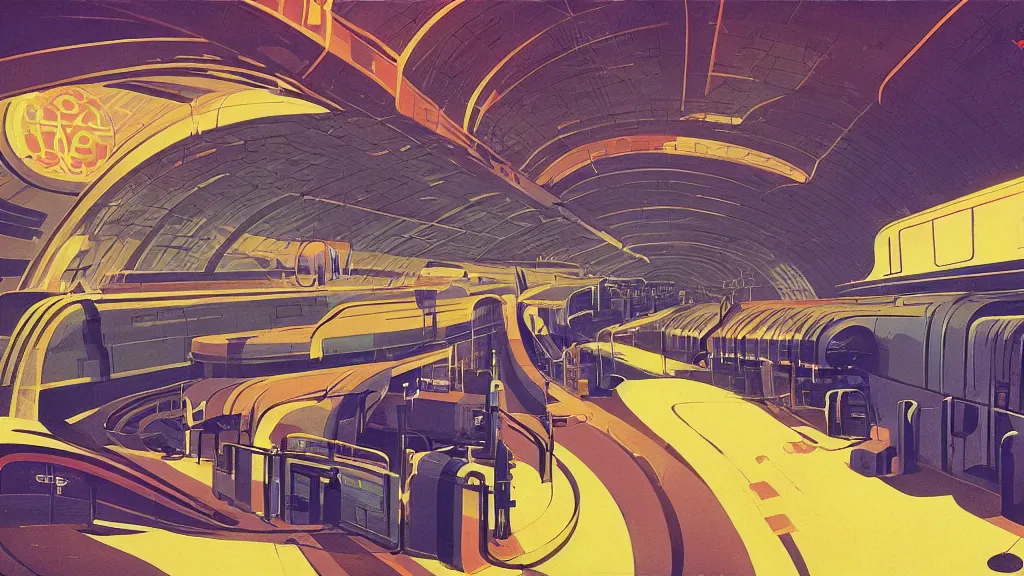 Image similar to 7 0 s sci - fi train station interior, retrofuturism, gouache, animated film, stylised, illustration, by eyvind earle, scott wills, genndy tartakovski