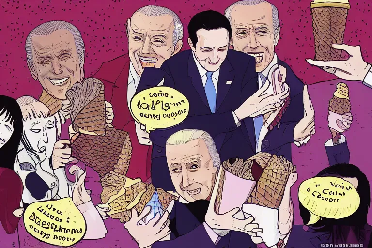 Image similar to Joe Biden loves ice cream, melts people, Junji Ito