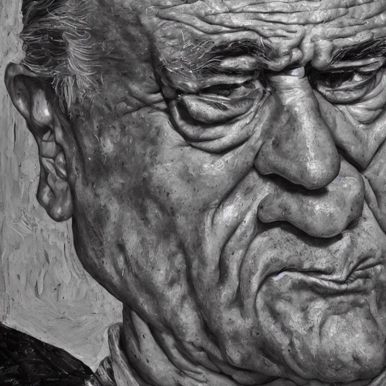 Prompt: close up studio portrait of aging old Robert De Niro age 115 wrinkled angry, shiny impasto oil painting by Lucian Freud and Tim Hawkinson and Cy Twombly, trending on artstation Studio lighting Expressionism
