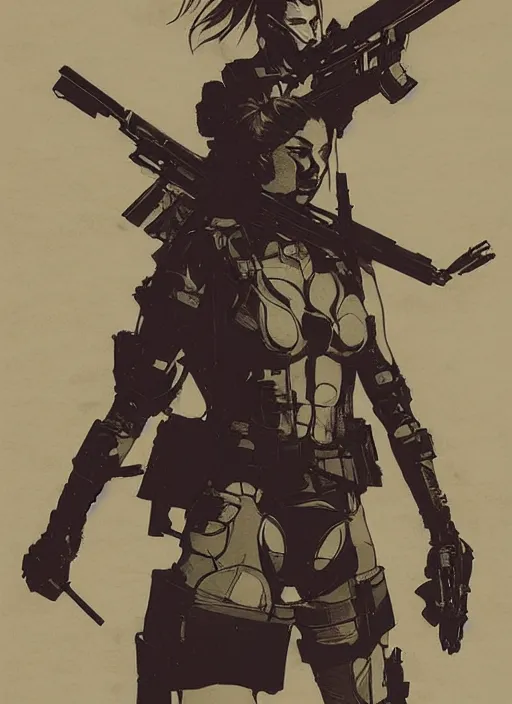 Image similar to kendall Jenner wearing metal gear armor holding gun dramatic lighting art by Richard Schmid by Hokusai by Yoji Shinkawa by greg rutkowski by Sandra Chevrier cinematic dramatic