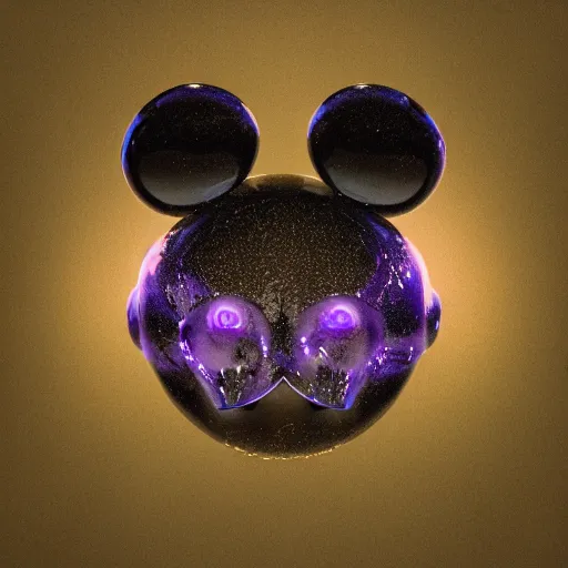 Image similar to mickey mouse head, fractal, broken, flower power, wet, mycelium, radiant alien, rococo, baroque, automotive, bio-mechanical, porcelain, iridescent sub surface scattering, octane render