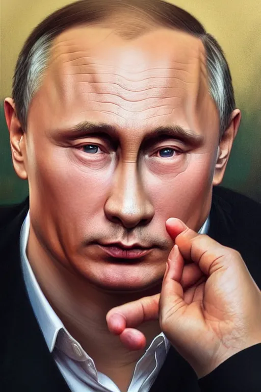 Image similar to vladimir putin with kim jong un hairstyle, realistic portrait, symmetrical, highly detailed, digital painting, artstation, concept art, smooth, sharp focus, illustration, cinematic lighting, art by artgerm and greg rutkowski and alphonse mucha