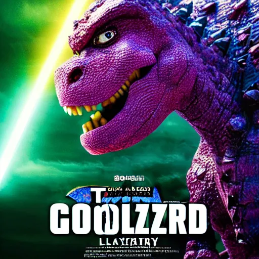 Image similar to barney the dinosaur stars in the new godzilla movie as godzilla, shooting lasers from his mouth at tokyo city, movie poster, blockbuster film, promotional