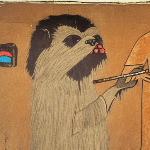 Image similar to An ewok eating a lollipop, Ancient Egyptian mural