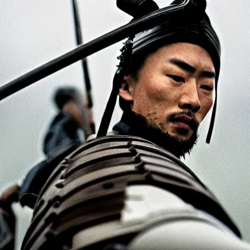 Prompt: cinematic film still NLE Choppa starring as a Samurai holding fire, Japanese CGI, VFX, 2003, 400mm lens, f1.8, shallow depth of field, film photography