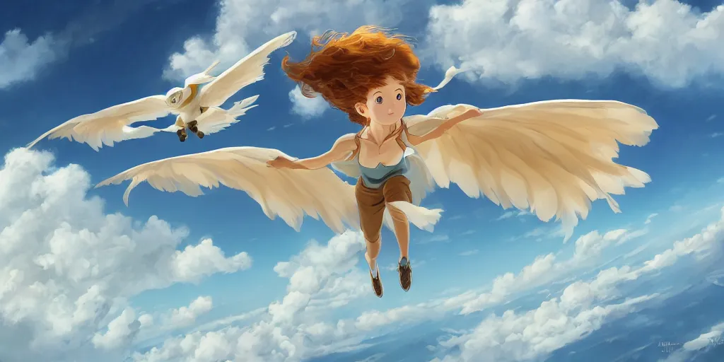 Prompt: A girl flying with a bird-shaped white glider over the clowds, Nausicaa of the Valley of the Wind, Miyazaki Hayao, ghibli style, highly detailed, digital painting, concept art, sharp focus, illustration, anime, trending on artstaion