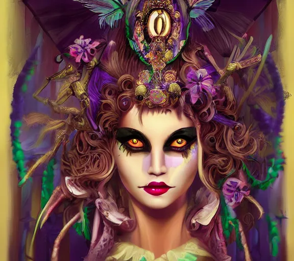 Prompt: beautiful female character inspired by new orleans mardi gras and dada vampire bounty hunter | | digital artwork made by greg rutswork, anna dittmann and lois van barlee, symmetrical rim light, anatomically correct