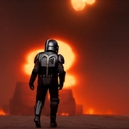 Prompt: the mandolorian walking away from huge explosion, 8k, cinematic, photorealistic