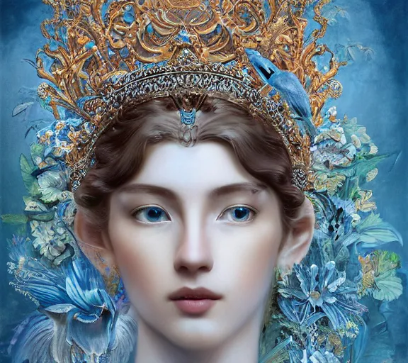 Image similar to breathtaking detailed concept art painting art deco pattern a beautiful wavy brown haired man with pale skin and a crown on his head sitted on an intricate metal throne light - blue flowers with kind piercing eyes and blend of flowers and birds, by hsiao - ron cheng and john james audubon, bizarre compositions, exquisite detail, extremely moody lighting, 8 k h 1 0 2 4