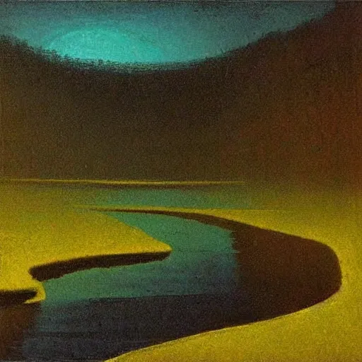 Prompt: moon light reflecting off of a winding river, arkhip kuindzhi painting, teal palette