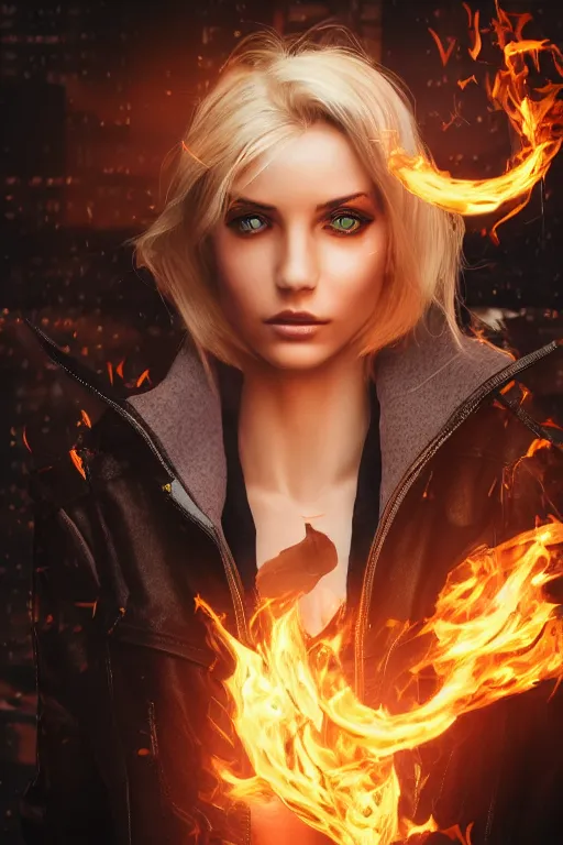 Image similar to wonderful young blonde woman with flames dancing on her hands with a long jacket in a cyberpunk city, realistic mouth, realistic, high definition, detailed and symetric face, detailed and realistic hands, expressive eyes, 4 k, shimmering color, epic digital art