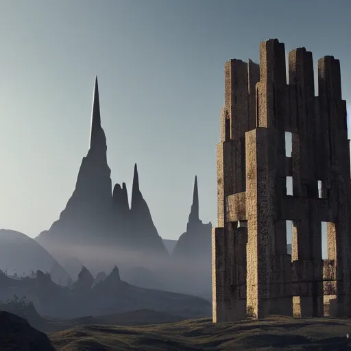 Image similar to a gigantic brutalist ancient tower, a detailed structure with at the top 3 spires in form of a trident, 6 0 0 hundred meters tall set against sunlit, all surrounded by smoke, mountains and a huge old city, 8 k, art station, ultra realistic, cinematic composition, style of weta, in the style of ilm