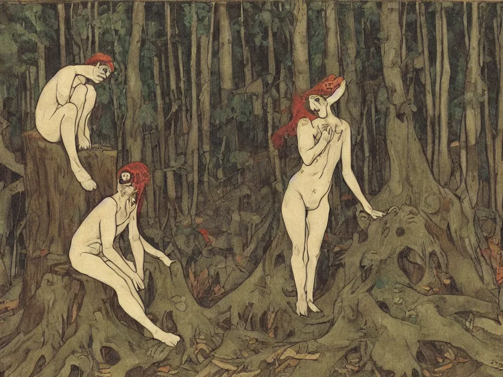 Prompt: Long shot of a sad harlequin demon sitting in the forest on a tree stump and crying. A beautiful Czech mid-century illustration by Puvis de Chavannes