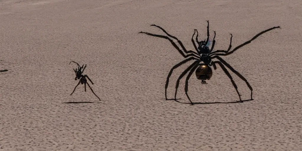 Image similar to giant spider alien chasing a group of soldiers like the film stargate on a desert world, telephoto shot, mid day, heat shimmering.