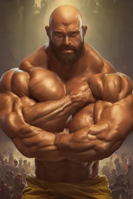 Prompt: upper body portrait of a hulking bulky swole steroids musclebound huge bodybuilder muscular herculean chiseled jesus christ, cinematic lighting, photorealistic, octane render, 8 k, depth of field, 3 d, art by artgerm and greg rutkowski and alphonse mucha and uang guangjian and gil elvgren and sachin ten