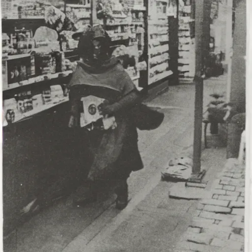 Prompt: first photograph of a man dressed as a goddess robbing a store