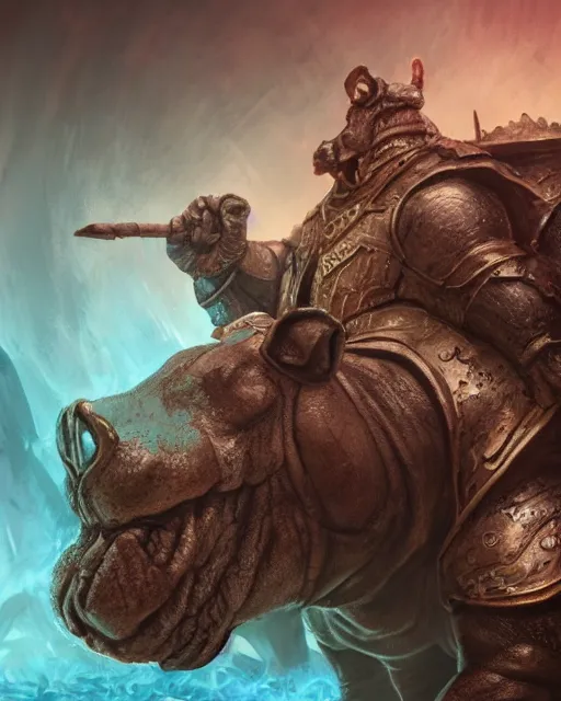 Image similar to Hippo, Anthropomorphized, as warlord general on skull throne, magic the gathering artwork, D&D, fantasy, cinematic lighting, centered, symmetrical, highly detailed, digital painting, artstation, concept art, smooth, sharp focus, illustration, volumetric lighting, epic Composition, 8k, art by Akihiko Yoshida and Greg Rutkowski and Craig Mullins, heroic pose, oil painting, cgsociety, Battlefield background, explosions, arrows