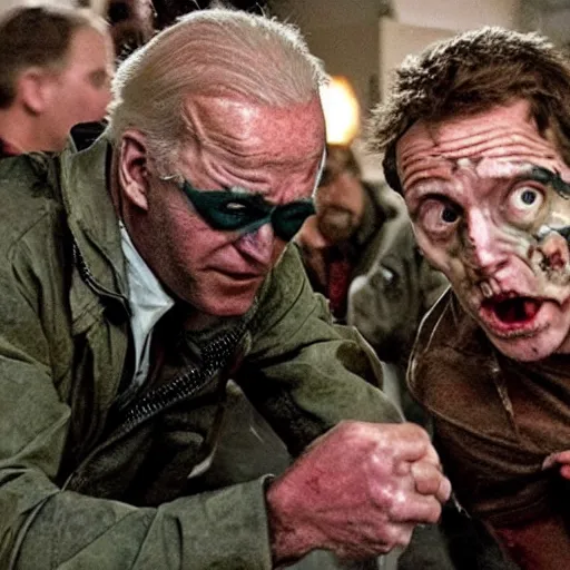 Image similar to a still shot from the movie 28 days later, with infected Joe Biden and Ethan Van Sciver zombies