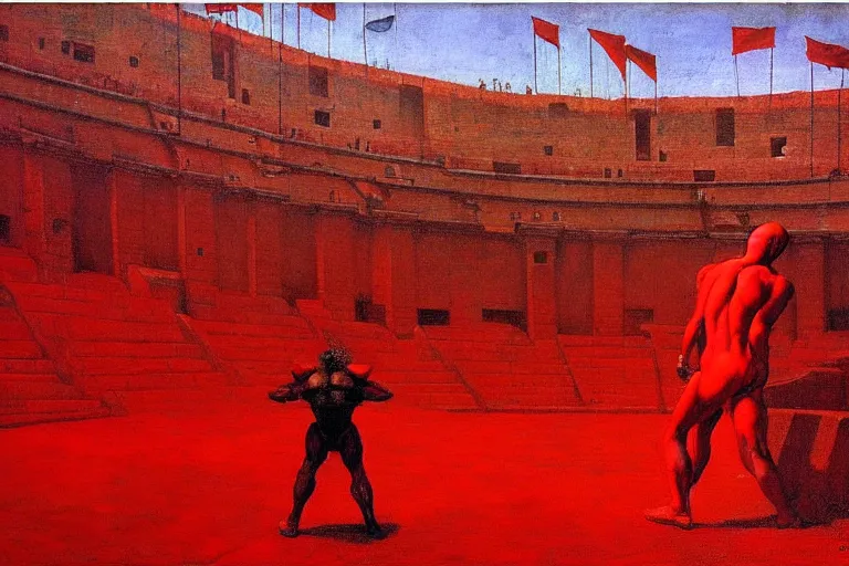 Image similar to only with red, a red gladiator in a crowded roman amphitheatre, crowd cheers him, in the style of beksinski, parts by edward hopper, parts by rodcenko, parts by yue minjun, intricate and epic composition, red by caravaggio, insane quality, highly detailed, masterpiece, red light, artstation