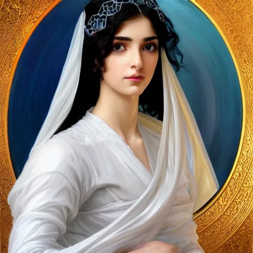 Image similar to portrait of ameera al taweel, bright blue eyes, long wavy black hair, white veil, front , highly detailed, digital painting, artstation, concept art, smooth, sharp focus, illustration, ArtStation, art by artgerm and greg rutkowski and alphonse mucha and J. C. Leyendecker and Edmund Blair Leighton