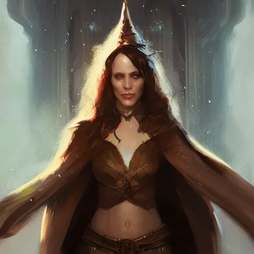 Image similar to elvish sorceress rachel mcadams, oil painting, Tooth Wu, Greg Rutkowski, RPG portrait, dynamic lighting, fantasy art, High contrast, depth of field