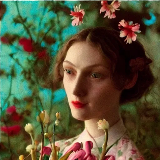 Prompt: a lot of different flowers morphing in a beautiful girls face, film still by wes anderson, depicted by balthus, limited color palette, very intricate, art nouveau, highly detailed, lights by hopper, soft pastel colors, minimalist