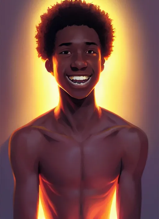 Image similar to portrait of teenage chuck clayton, black teenage boy, very short curly hair, very short hair, square jaw, slight excited smile, reading archie comic book, intricate, elegant, glowing lights, highly detailed, digital painting, artstation, concept art, smooth, sharp focus, illustration, art by wlop, mars ravelo and greg rutkowski