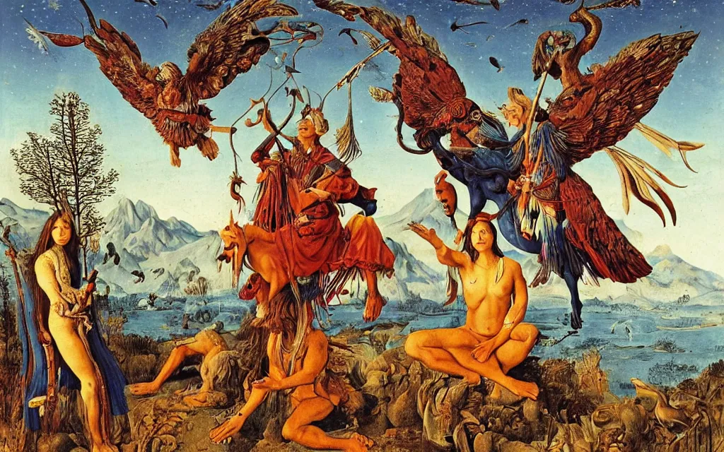 Image similar to a portrait photograph of a meditating harpy and a centaur king riding eagles and hunting at a river delta. surrounded by bulbous trees. mountain range under a blue sky of fiery stars. by jan van eyck, max ernst, ernst haeckel, ernst fuchs and artgerm, artstation, daily deviation, 8 k