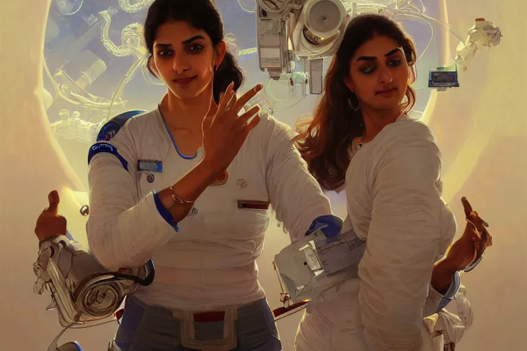 Prompt: Exhilarated good looking pale young Indian doctors wearing jeans in a space station above Earth performing surgery, portrait, elegant, intricate, digital painting, artstation, concept art, smooth, sharp focus, illustration, art by artgerm and greg rutkowski and alphonse mucha