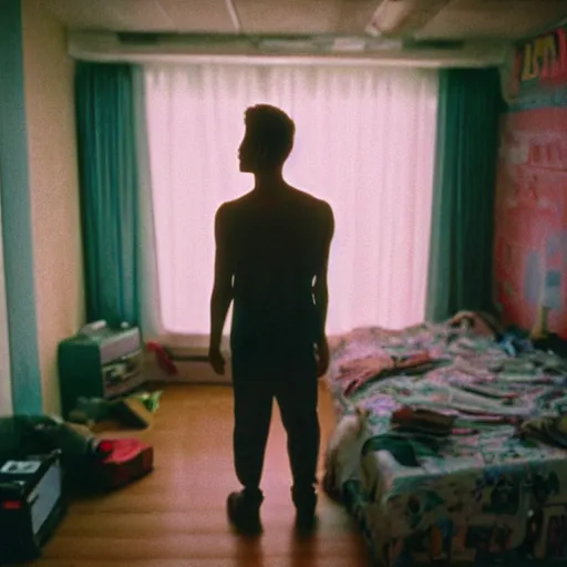 Image similar to kodak portra 4 0 0 photograph of a skinny blonde guy standing in cluttered 9 0 s bedroom, back view, moody lighting, telephoto, 9 0 s vibe, blurry background, vaporwave colors, faded!,