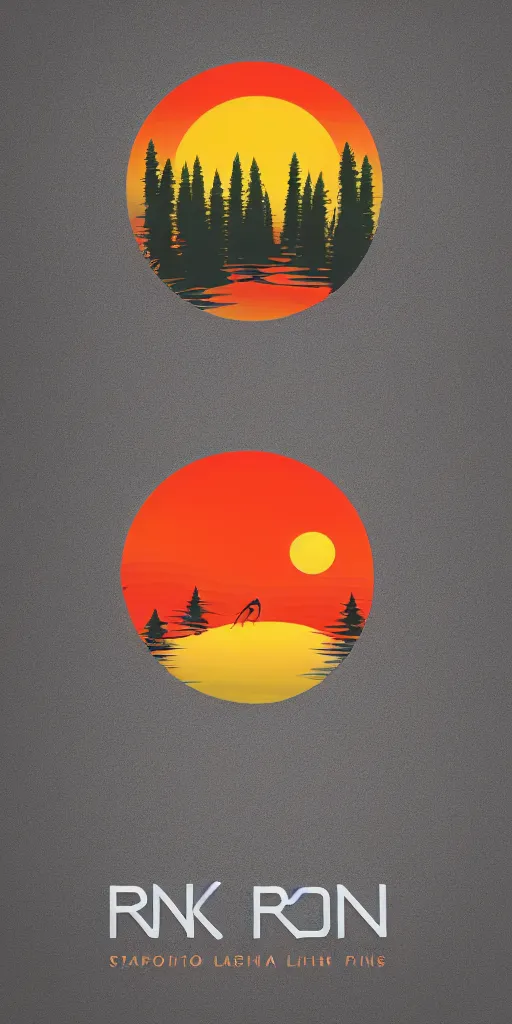 Prompt: logo design, thick line art, crane and a lake in forest of pines, big red sun, fresh modern look, made with photoshop,