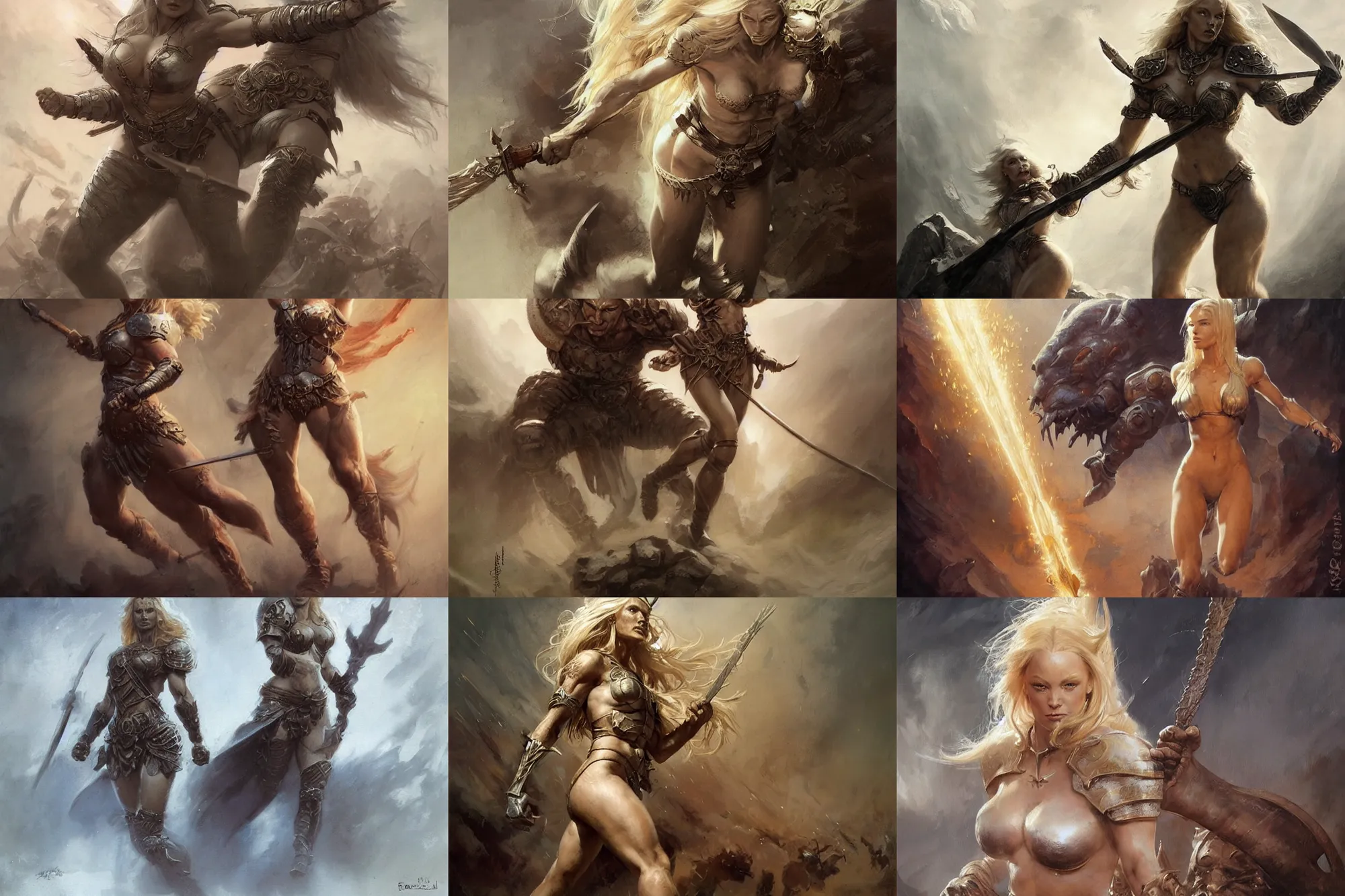 Image similar to A full length portrait of a very beautiful blonde slavic berserker woman, running into battle by Frank Frazetta, Greg Rutkowski, Boris Vallejo, epic fantasy character art, goddess of war, Exquisite detail, post-processing, low angle, masterpiece, cinematic