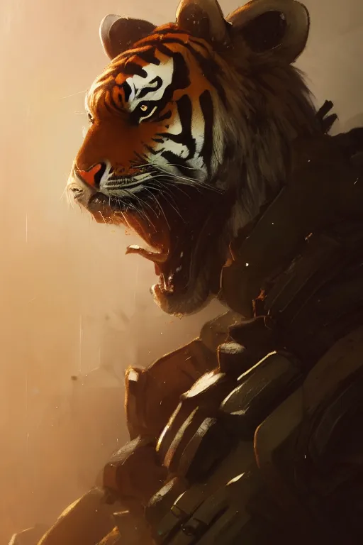 Image similar to portrait male anthro tiger dressed in military clothes character full body precis no blur, concept art, character sheet, nier automata, gaston bussiere, greg rutkowski, tsutomu nihei, cyberpunk, trending on artstation, featured on pixiv, hyper detail, cinematic composition, 8 k, detailed face