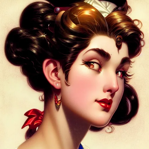 Image similar to head and shoulders Portrait of Sailor Moon, dark fantasy, medium shot, intricate, elegant, highly detailed, digital painting, volumetric light, artstation, concept art, smooth, sharp focus, illustration, art by Gil Elvgren and Greg Rutkowski and Alphonse Mucha