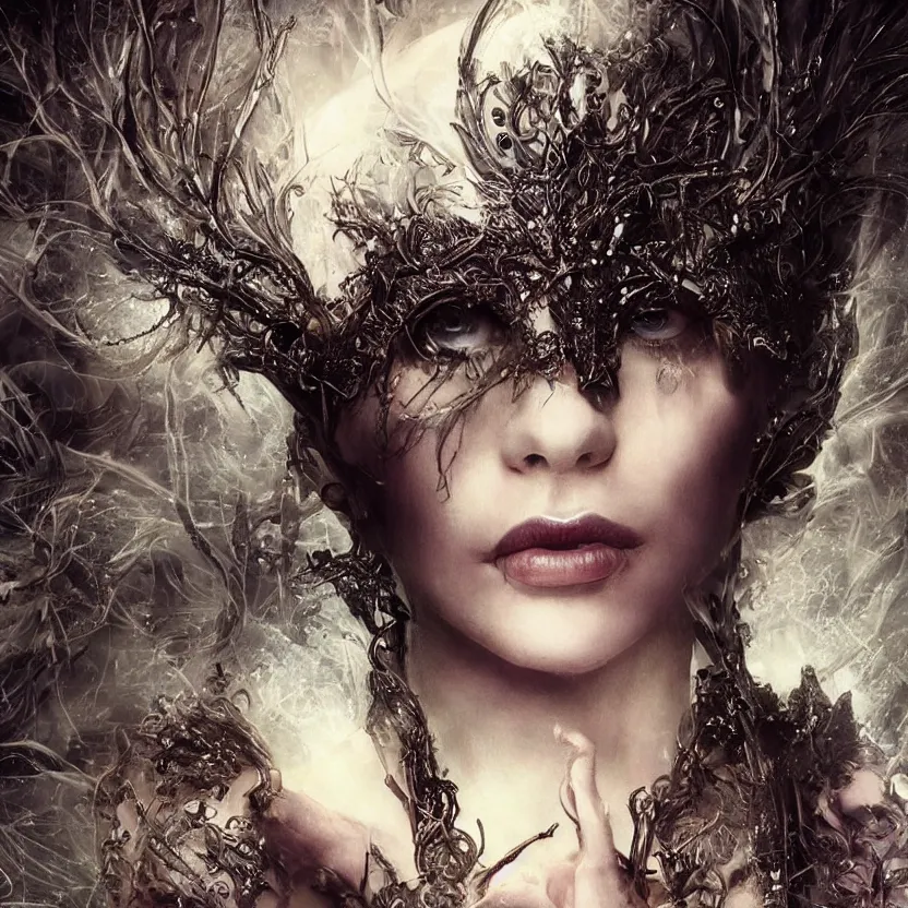 Image similar to mindblowing portrait of the enchantress queen, a stunning timeless beauty, breathtaking eyes, perfect skin, feathered eyelashes, royal gothic dress with a lot of leather, heavy silent hill aesthetic, incredibly intricate, digital art, blender, houdini & photoshop, very elegant & complex, hyper-maximalist, overdetailed, epic cinematic quality, biblical art lighting, photorealistic, lifelike, OLED, DSLR HDR 8k, face is the focus, facial feature symmetry, hyper composed, created by Nixeu & z--ed from deviantart