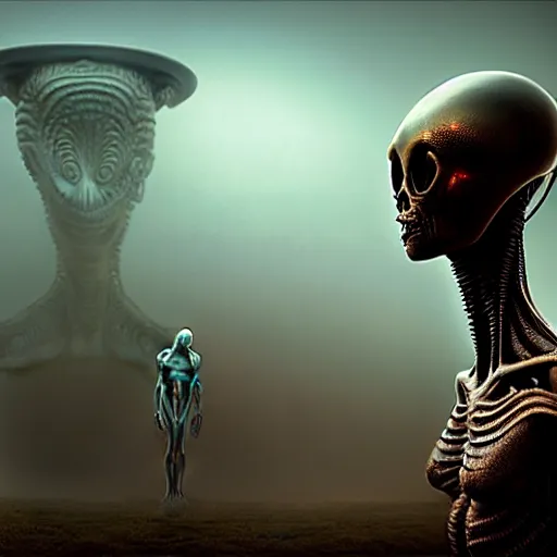 Image similar to alien man with alien woman, full body, portraiture, painted by Beksiński, 4k, intricate details, unreal engine, dynamic lighting