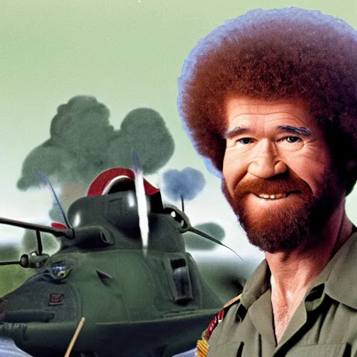 Image similar to bob ross in the vietnam war, 8 k detail