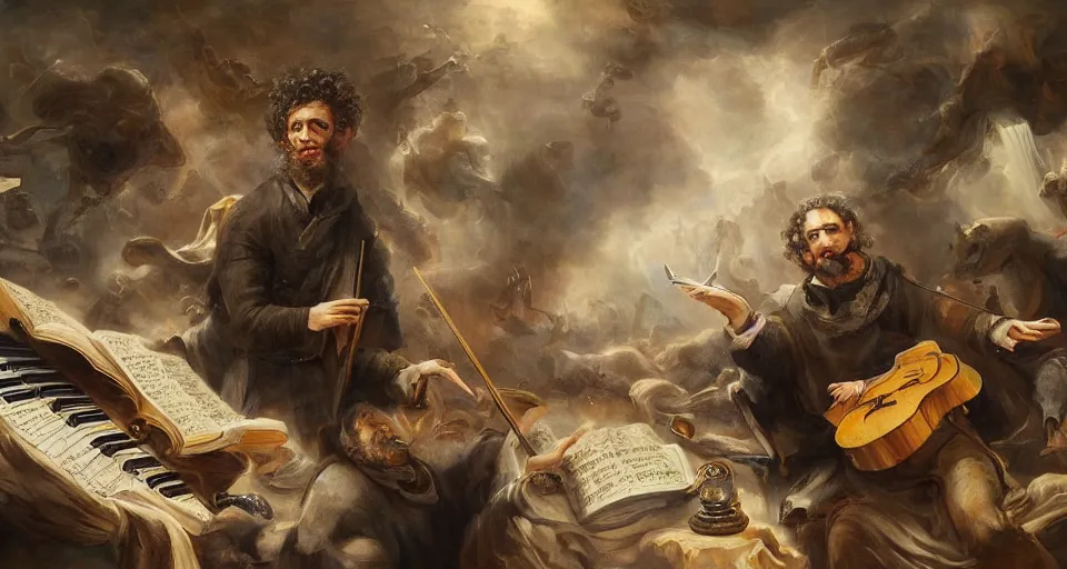 Image similar to the most epic painting of all time, a curly - haired persian guy composing the most epic symphony of minds, trending on artstation