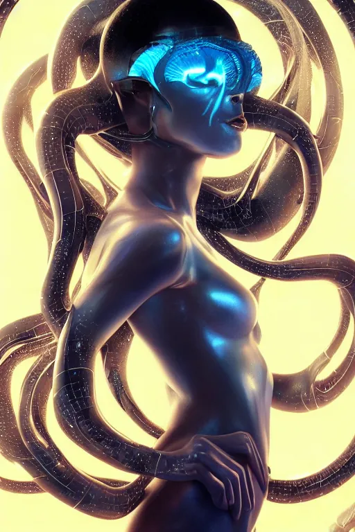 Image similar to a centered profile render of an alluring futuristic goddess with slight cyborg modifications surrounded by a underwater ink pour and flowing liquid gallium and sacred geometry, perfect body and face, powerful, cinematic, beautifully lit, by artgerm, by karol bak, 3 d, trending on artstation, octane render, 8 k