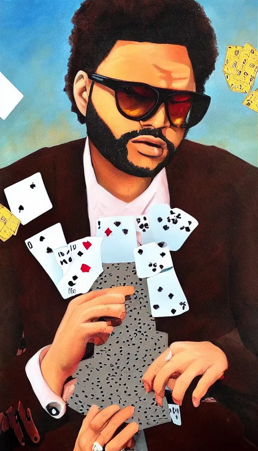 Prompt: the weeknd wearing sunglasses and playing cards by dali, brown skin, classical painting, digital painting, romantic, vivid color, oil painting