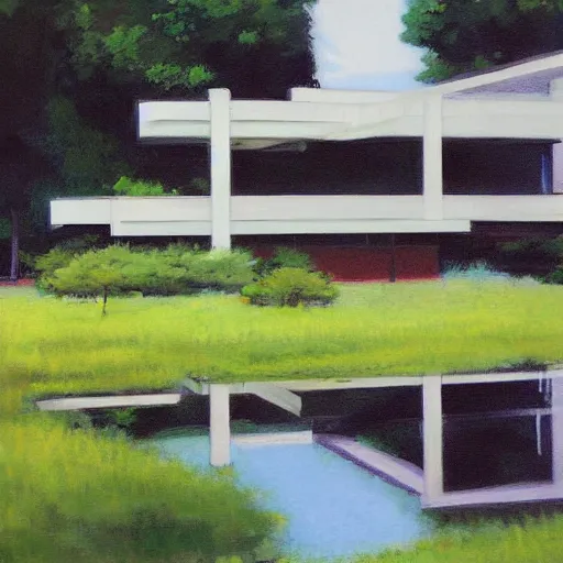 Image similar to farnsworth house, art by makoto shinkai